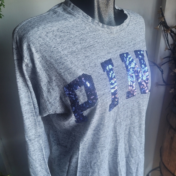 Pink Victoria's Secret Grey Long Sleeve Top with Blue Sequins Front M - Picture 3 of 7